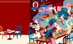 Rule 34 | 4girls, animal ears, bad id, bad pixiv id, blue dress, blue hair, blush, book, cafe, chair, checkerboard cookie, closed eyes, closed mouth, coffee, coffee cup, commentary request, cookie, counter, cup, disposable cup, dog ears, doughnut, dress, drink, fangs, feeding, flat color, floating, food, green hair, hair ornament, hair rings, hair stick, hanging light, hat, holding, holding cup, holding spoon, holding tray, ice cream, ice cream float, japanese clothes, kaku seiga, kasodani kyouko, long sleeves, miyako yoshika, mononobe no futo, multiple girls, open mouth, pastry, pink dress, purple hair, red shirt, shawl, shinonoko, shirt, short hair, short sleeves, sitting, smile, spoon, table, tate eboshi, touhou, tray, walking
