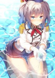 Rule 34 | 10s, 1girl, blue eyes, breasts, epaulettes, female focus, gloves, hat, kaname 024, kantai collection, kashima (kancolle), kneehighs, large breasts, long hair, military, military uniform, miniskirt, partially submerged, silver hair, skirt, smile, socks, solo, twintails, uniform, water, wavy hair