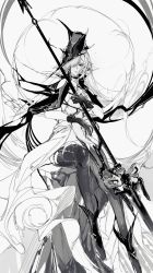 Rule 34 | 1girl, a9712mob, arknights, ascot, boots, cape, earrings, floating hair, gladiia (arknights), gloves, greyscale, hair over one eye, hat, high collar, highres, holding, holding polearm, holding weapon, jewelry, looking at viewer, monochrome, one eye covered, parted lips, pointy ears, polearm, red eyes, simple background, sitting, sketch, solo, spot color, thighhighs, thighhighs under boots, weapon, white background