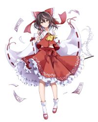 Rule 34 | 1girl, ascot, bow, brown hair, closed mouth, commentary, detached sleeves, frilled bow, frilled hair tubes, frills, gohei, hair bow, hair tubes, hakurei reimu, highres, holding, holding gohei, hyurasan, light blush, long hair, ofuda, orange eyes, red bow, red skirt, ribbon-trimmed sleeves, ribbon trim, simple background, skirt, skirt set, solo, touhou, white background, wide sleeves, yellow ascot