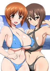 Rule 34 | 2girls, :d, alternate breast size, armpits, bikini, black bikini, blue bikini, blue sky, breasts, brown eyes, brown hair, cameltoe, cleavage, closed mouth, cloud, collarbone, commentary request, covered erect nipples, day, girls und panzer, highres, large breasts, letterboxed, looking at viewer, medium hair, multiple girls, navel, nishizumi maho, nishizumi miho, ocean, open mouth, siblings, sidelocks, sisters, sky, smile, swept bangs, swimsuit, tavor (m tavor), underboob