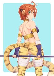 Rule 34 | 1girl, absurdres, animal ears, armlet, bottomless, breasts, breath of fire, breath of fire ii, bustier, cat ears, cat tail, claws, cleft of venus, facial mark, furry, furry female, gloves, green eyes, highres, iwbitu, no panties, no pants, orange hair, pointy ears, pussy, rinpoo chuan, short hair, solo, staff, tail
