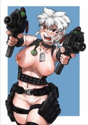 Rule 34 | 1girl, aiming, aiming at viewer, belt, belt collar, black belt, black gloves, black thighhighs, blue background, blush, breasts, cleft of venus, collar, commentary, cowboy shot, dog tags, dual wielding, english commentary, female pubic hair, fingerless gloves, freckles, glasses, gloves, gun, highres, holding, large breasts, laser sight, lily (puchirisu), looking at viewer, medium bangs, navel, nipples, open mouth, original, pouch, pubic hair, puchirisu, pussy, red eyes, rimless eyewear, round eyewear, short hair, simple background, solo, submachine gun, thighhighs, two-tone background, uncensored, undercut, very short hair, weapon, white background, white hair, white pubic hair