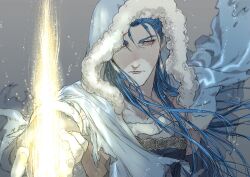 Rule 34 | 1boy, bags under eyes, blue hair, casting spell, cloak, closed mouth, collarbone, cu chulainn (caster) (fate), cu chulainn (fate), earrings, fate/grand order, fate (series), fur-trimmed cloak, fur trim, glowing, grey background, highres, hood, hood up, hooded cloak, jewelry, light particles, long hair, looking at viewer, male focus, red eyes, shiso i4, solo