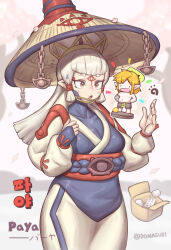 Rule 34 | 1boy, 1girl, artist name, blonde hair, blush, box, breasts, cardboard box, chain, character name, commentary request, cowboy shot, domaguri, facial mark, forehead mark, grey hair, hands on own hips, large hat, link, long hair, long sleeves, medium breasts, nintendo, no nose, open hand, open mouth, paya (zelda), pointy ears, short eyebrows, shorts, sidelocks, the legend of zelda, thick eyebrows, topless, translation request, tsurime, twitter username, yellow eyes