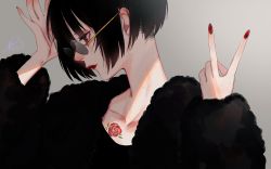 Rule 34 | 1girl, arms up, beni (bn12x20), black coat, black hair, brown eyes, closed mouth, coat, eyelashes, flower, fur coat, grey background, hand to head, highres, lips, lipstick, makeup, nail polish, nose, original, profile, red flower, red lips, red rose, rose, short hair, signature, simple background, solo, tattoo, upper body, v