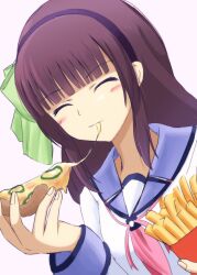 Rule 34 | 1girl, :3, ^ ^, angel beats!, black hairband, blue sailor collar, blunt bangs, bow, cheese trail, close-up, closed eyes, closed mouth, commentary request, dutch angle, eating, food, french fries, green bow, hair bow, hairband, happy, highres, holding, holding food, holding pizza, lelie (lelie link), light blush, long sleeves, medium hair, nakamura yuri, pizza, pizza slice, purple hair, sailor collar, shinda sekai sensen uniform, shirt, sidelocks, simple background, smile, solo, straight hair, white background, white shirt