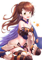 Rule 34 | 1girl, bare shoulders, beatrix (granblue fantasy), black gloves, blush, boots, breasts, brown eyes, brown hair, cleavage, detached collar, detached sleeves, flying sweatdrops, gloves, granblue fantasy, high heel boots, high heels, highres, large breasts, lips, long hair, long sleeves, looking at viewer, navel, open mouth, ponytail, simple background, sitting, solo, star (symbol), striped clothes, striped thighhighs, swept bangs, tears, thighhighs, tomo (tmtm mf mf), wariza, white background