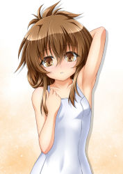 Rule 34 | 10s, 1girl, alternate costume, arm up, armpits, blush, brown eyes, brown hair, folded ponytail, inazuma (kancolle), kantai collection, looking at viewer, one-piece swimsuit, roura, school swimsuit, school uniform, smile, solo, swimsuit