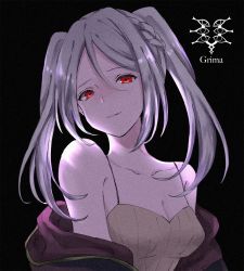 Rule 34 | 1girl, bad id, bad twitter id, bare shoulders, black background, breasts, camisole, character name, cleavage, corruption, dark persona, fire emblem, fire emblem awakening, fire emblem heroes, grima (fire emblem), highres, hoshido1214, intelligent systems, long hair, nintendo, possessed, possession, red eyes, robin (female) (fire emblem), robin (fire emblem), solo, twintails, upper body, white hair