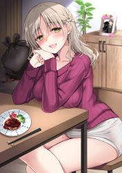 Rule 34 | 1girl, blood, blood stain, blush, braid, breast rest, breasts, breasts on table, chopstick rest, chopsticks, crossed legs, death, drawing (object), food, green eyes, heart, heart-shaped pupils, horror (theme), ikura nagisa, implied murder, indoors, light brown hair, long sleeves, looking at viewer, meat, medium hair, mole, mole on thigh, mole under eye, original, parted bangs, picture frame, plate, red sweater, ribbed sweater, sitting, solo, sweater, symbol-shaped pupils, table, trash bag, yandere