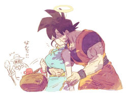 Rule 34 | 1girl, 2boys, :o, amepati, arm around waist, arm at side, basket, beard, black hair, breasts, chi-chi (dragon ball), chinese clothes, dappled sunlight, dougi, dragon ball, dragonball z, closed eyes, facial hair, halo, hat, hug, hug from behind, imminent kiss, medium breasts, multiple boys, mustache, muten roushi, open mouth, simple background, son goku, spiked hair, staff, sunglasses, sunlight, ^^^, surprised, translation request, white background, wristband