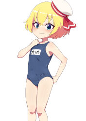 Rule 34 | 1girl, adjusting clothes, adjusting swimsuit, blonde hair, blue eyes, blue one-piece swimsuit, blush, closed mouth, commentary request, crossed bangs, feet out of frame, flat chest, fuka (kantoku), hat, hat ribbon, highres, jashin-chan dropkick, lierre, looking at viewer, medium bangs, name tag, old school swimsuit, one-piece swimsuit, red ribbon, ribbon, sailor hat, school swimsuit, short hair, simple background, solo, swimsuit, white background, white hat