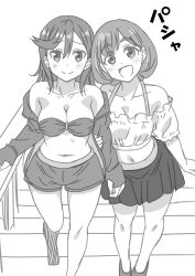 Rule 34 | 2girls, bare shoulders, bikini, bikini shorts, bikini skirt, blush, breasts, check commentary, cleavage, closed mouth, collarbone, commentary, commentary request, greyscale, hand on railing, heads together, holding another&#039;s arm, jacket, looking at viewer, love live!, love live! superstar!!, marugoshi teppei, medium breasts, medium hair, monochrome, multiple girls, navel, open clothes, open jacket, open mouth, shibuya kanon, short hair, shorts, smile, sound effects, strapless, strapless bikini, swimsuit, taking picture, tang keke, white background