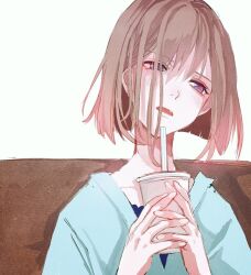 Rule 34 | 1girl, blue shirt, blush, bob cut, brown hair, cup, disposable cup, drinking straw, fangs, head tilt, highres, holding, holding cup, looking ahead, open mouth, original, purple eyes, shirt, short hair, simple background, sitting, solo, srnmomo, upper body, white background