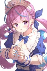 Rule 34 | 1girl, ahoge, anchor symbol, blue hair, blue nails, blush, braid, breasts, cleavage, colored inner hair, darjeeling (reley), dress, fingers together, hair ribbon, highres, hololive, index fingers together, long hair, looking at viewer, maid, maid headdress, medium breasts, minato aqua, minato aqua (1st costume), multicolored hair, nail polish, open mouth, purple eyes, purple hair, ribbon, simple background, smile, solo, twintails, two-tone hair, upper body, virtual youtuber, white background, wrist cuffs