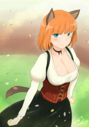 Rule 34 | 1girl, absurdres, animal ears, blush, brave witches, breasts, choker, cleavage, closed mouth, dirndl, dog ears, dog tail, dress, german clothes, green eyes, gundula rall, highres, kukoroko, large breasts, looking at viewer, orange hair, short hair, smile, solo, tail, world witches series