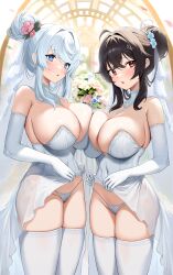 Rule 34 | 2girls, absurdres, bare shoulders, black hair, blue eyes, blue hair, blush, bouquet, breast press, breasts, bridal lingerie, bridal veil, bride, cameltoe, cleavage, clothes lift, covered navel, dress, dress lift, elbow gloves, flower, gloves, hair bun, hair flower, hair ornament, highres, large breasts, lingerie, long hair, looking at viewer, micro panties, multiple girls, original, panties, parted lips, red eyes, sidelocks, strapless, strapless dress, symmetrical docking, thighhighs, tongtangtong, underwear, veil, wedding dress