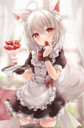Rule 34 | 1girl, ahoge, animal ear fluff, animal ears, bad id, bad pixiv id, black dress, black thighhighs, blush, bow, bowtie, character request, commission, day, dress, dress bow, eating, eyes visible through hair, food, fox ears, fox girl, fox tail, frilled dress, frilled thighhighs, frills, fruit, grey hair, hair between eyes, hands up, highres, holding, holding food, holding fruit, holding tray, ice cream, indoors, kata rosu, looking at viewer, maid, medium hair, pocky, red bow, red bowtie, red eyes, short sleeves, skeb commission, solo, spoon, standing, strawberry, tail, tail raised, thighhighs, tray, white dress, wrist cuffs, zettai ryouiki