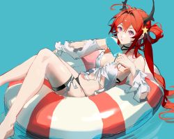 Rule 34 | 1girl, afloat, ahoge, arknights, bare shoulders, barefoot, bikini, black bikini, breasts, burnt clothes, cleavage, collarbone, detached sleeves, feet out of frame, food, hair intakes, hair ornament, hair rings, heqing, highres, holding, holding food, horns, innertube, long hair, long sleeves, looking at viewer, lying, medium breasts, official alternate costume, on back, parted lips, popsicle, purple eyes, red hair, solo, star (symbol), star hair ornament, surtr (arknights), surtr (colorful wonderland) (arknights), swim ring, swimsuit, swimsuit cover-up, thigh strap, very long hair