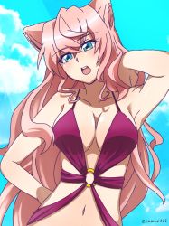 Rule 34 | 1girl, absurdres, aqua eyes, armpits, breasts, cleavage, commentary, emmxd325, highres, large breasts, long hair, looking at viewer, maria cadenzavna eve, navel, o-ring, o-ring swimsuit, one-piece swimsuit, open mouth, pink hair, purple one-piece swimsuit, ruffling hair, senki zesshou symphogear, solo, swimsuit, twitter username
