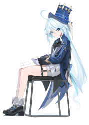 Rule 34 | 1girl, ahoge, black bow, black bowtie, black footwear, blue bow, blue eyes, blue hair, blue hat, blue jacket, blush, bow, bowtie, coattails, dated, eyelashes, from side, full body, furina (genshin impact), genshin impact, gloves, grey shorts, hair between eyes, hat, highres, holding, jacket, legs, long hair, long sleeves, looking at viewer, multicolored hair, on ground, short shorts, shorts, simple background, sitting, socks, solo, streaked hair, thigh strap, top hat, ttt (5274293), very long hair, white background, white gloves, white socks