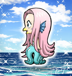 Rule 34 | 1girl, amabie, colored skin, from side, hair intakes, long hair, ocean, pink hair, pointy ears, scales, sky, smile, solo, sparkle, tentacles, thick eyebrows, toratora (1972-08-30), very long hair, water, yellow skin, traditional youkai