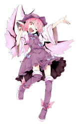 Rule 34 | 1girl, animal ears, arm garter, arm up, bird ears, bird wings, blush, boots, dress, fang, fingernails, full body, hat, knee boots, kuroneko no toorimichi, long fingernails, long sleeves, looking at viewer, looking down, mob cap, mystia lorelei, nail polish, one eye closed, open mouth, outstretched arm, outstretched hand, pink eyes, pink hair, puffy sleeves, short hair, smile, solo, thighhighs, touhou, white background, wide sleeves, wings