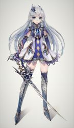 Rule 34 | 1girl, armor, armored dress, bad id, bad pixiv id, blue eyes, boots, braid, capelet, commentary request, detached sleeves, dress, full body, gauntlets, gem, hair ornament, highres, hisahisahisahisa, jewelry, karma (phantom of the kill), long hair, original, phantom of the kill, revision, blue gemstone, simple background, solo, sword, thigh boots, thigh strap, thighhighs, twin braids, very long hair, weapon, white background, white hair, zettai ryouiki