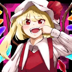 Rule 34 | 1girl, blonde hair, crystal wings, embodiment of scarlet devil, flandre scarlet, hat, hat ribbon, highres, medium hair, mob cap, mouth pull, open mouth, red eyes, red ribbon, ribbon, shirt, side ponytail, solo, takegusa, touhou, upper body, white shirt