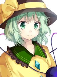 Rule 34 | 1girl, black hat, bow, commentary request, crying, crying with eyes open, eyebrows, green eyes, green hair, hair between eyes, hat, hat bow, hat ribbon, komeiji koishi, matching hair/eyes, matryoshka (borscht), ribbon, shirt, short hair, simple background, solo, tears, third eye, touhou, upper body, white background, yellow bow, yellow ribbon, yellow shirt