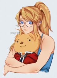 Rule 34 | 1girl, aiphelix, blonde hair, blue eyes, earrings, edward elric, fullmetal alchemist, highres, holding, holding stuffed toy, jewelry, long hair, looking at viewer, objectification, ponytail, round eyewear, simple background, smile, stuffed animal, stuffed lion, stuffed toy, upper body, winry rockbell