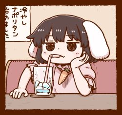 Rule 34 | 1girl, black eyes, black hair, carrot necklace, cup, drinking, drinking glass, drinking straw, floppy ears, ice, ice cube, inaba tewi, jewelry, necklace, one-hour drawing challenge, poronegi, short hair, short sleeves, sitting, solo, table, touhou, upper body