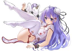 Rule 34 | 1girl, :o, absurdres, azur lane, breasts, china dress, chinese clothes, dress, full body, hair ornament, hairclip, hand on floor, highres, long hair, looking at viewer, looking to the side, lying, no shoes, official alternate costume, on back, open mouth, purple eyes, purple hair, solo, thighhighs, thighs, unicorn, unicorn (azur lane), unicorn (the gift of spring) (azur lane), white background, white dress, white thighhighs, zyousha333