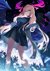 Rule 34 | 1girl, angel wings, bare legs, black dress, black wings, blonde hair, blue bow, blue kimono, bow, breasts, closed mouth, collar, dress, glowing, glowing clothes, glowing lines, hair between eyes, hair flowing over, hair over shoulder, halo, hand up, highres, jacket, japanese clothes, jewelry, kimono, large breasts, long hair, long sleeves, looking at viewer, lucifer (monster strike), monster strike, multiple wings, night, night sky, off shoulder, official alternate costume, open clothes, open jacket, pi (p77777778), prism, purple eyes, purple halo, purple wings, ribbon, ring, seraph, sky, solo, standing, star (sky), starry sky, wavy hair, wings