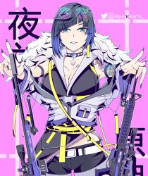 Rule 34 | 1girl, armpits, assault rifle, belt, blue hair, breasts, eyebrows hidden by hair, eyewear on head, genshin impact, green eyes, gun, highres, holding, holding weapon, jacket, jewelry, looking at viewer, m16, m16a4, mole, mole on breast, nail polish, necklace, open arms, open clothes, open mouth, panos (ssgpanos), reaching, reaching towards viewer, rifle, shirt, short hair, shorts, sleeveless, sleeveless shirt, smile, sniper rifle, solo, sunglasses, tattoo, weapon, yelan (genshin impact)
