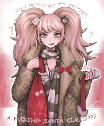 1girl bear_hair_ornament blonde_hair blue_eyes blush breasts christmas cleavage confused danganronpa:_trigger_happy_havoc danganronpa_(series) english_text female_focus hair_ornament hat long_hair looking_at_viewer question_mark rinnakkainen santa_hat scarf simple_background solo sweat sweatdrop teeth twintails upper_body upper_teeth_only