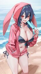Rule 34 | 1girl, absurdres, beach, bikini, blue hair, blush, breasts, cleavage, fang, food, front-tie bikini top, front-tie top, gompang 11, hand in pocket, highres, holding, holding food, holding popsicle, jacket, large breasts, long sleeves, looking at viewer, navel, ocean, open mouth, original, outdoors, partially unzipped, pink jacket, popsicle, red eyes, side-tie bikini bottom, skin fang, slit pupils, solo, stomach, swimsuit