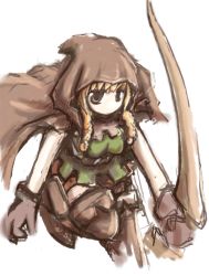 Rule 34 | 1girl, blonde hair, boots, bow (weapon), braid, breasts, brown eyes, cloak, dragon&#039;s crown, elf (dragon&#039;s crown), female focus, gloves, hood, hooded cloak, hoyo (petit toys), solo, thigh boots, thighhighs, twin braids, vanillaware, weapon, white background