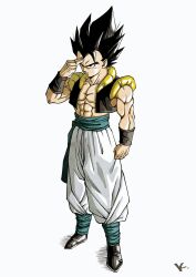 Rule 34 | 1boy, abs, baggy pants, biceps, black eyes, black footwear, black thighhighs, black vest, clenched hand, dragon ball, dragon ball super, dragon ball super broly, finger to face, full body, gogeta, highres, initial, kakeru (dbskakeru), male focus, muscular, muscular male, official style, open clothes, open vest, pants, shoes, simple background, sleeveless, solo, spiked hair, thighhighs, toriyama akira (style), vest, white background, white pants