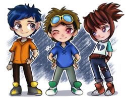 1girl 2boys digimon digimon_tamers lee_jianliang long_hair makino_ruki matsuda_takato multiple_boys short_hair