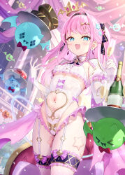 Rule 34 | 1girl, :d, alcohol, armpit cutout, blue eyes, blush, breasts, champagne, champagne bottle, champagne flute, clothing cutout, cowboy shot, cup, drinking glass, earrings, elbow gloves, fang, fishnet thighhighs, fishnets, garter belt, gloves, hair ornament, heart cutout, highres, holding, holding cup, jewelry, leotard, long hair, looking at viewer, matanonki, medium breasts, mole, mole on stomach, mole on thigh, navel, open mouth, pink hair, sample watermark, smile, star (symbol), star cutout, star hair ornament, thighhighs, tulsi nightmare, underboob, vee (vtuber), virtual youtuber, watermark, white gloves, white leotard