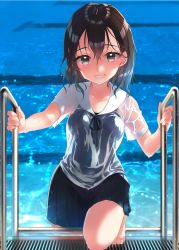 Rule 34 | 1girl, barefoot, black eyes, black hair, black skirt, black one-piece swimsuit, commentary, female focus, highres, koruri, looking at viewer, one-piece swimsuit, original, pleated skirt, pool, pool ladder, school swimsuit, school uniform, see-through, serafuku, shirt, short hair, skirt, solo, swimsuit, swimsuit under clothes, water, wet, wet clothes, white shirt