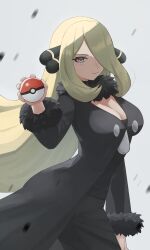 Rule 34 | 1girl, absurdres, black coat, black pants, black shirt, blonde hair, blush, breasts, cleavage, closed mouth, coat, commentary request, cowboy shot, creatures (company), cynthia (pokemon), eyelashes, fur-trimmed coat, fur collar, fur trim, game freak, grey background, grey eyes, hair ornament, hair over one eye, hand up, highres, holding, holding poke ball, large breasts, long hair, nintendo, pants, pearlbbbb, poke ball, poke ball (basic), pokemon, pokemon dppt, shirt, smile, solo, very long hair