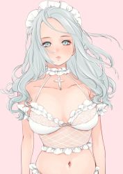 Rule 34 | 1girl, bad id, bad pixiv id, breasts, choker, collarbone, cross, expressionless, large breasts, lips, long hair, looking at viewer, megumoke, navel, original, pink background, grey eyes, silver hair, simple background, solo