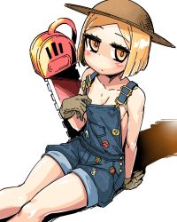 Rule 34 | 1girl, arm support, blonde hair, breasts, chainsaw, fate/grand order, fate (series), gloves, hat, highres, looking at viewer, naked overalls, overalls, paul bunyan (fate), paul bunyan (third ascension) (fate), riyo (lyomsnpmp) (style), short hair, sitting, small breasts, solo, straw hat, sturkey, yellow eyes