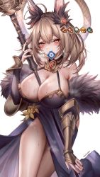 Rule 34 | absurdres, animal ears, between breasts, blonde hair, blush, breasts, condom, condom in mouth, granblue fantasy, hekate (granblue fantasy), highres, large breasts, mouth hold, sweat