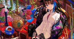 Rule 34 | 1girl, birdcage, black hair, black jacket, blue eyes, blue flower, blue hair, cage, candle, chair, closed mouth, coffee, commentary request, cropped, cup, flower, from above, fuzichoco, garter straps, hair flaps, hand up, jacket, long hair, long sleeves, looking at viewer, multicolored hair, off shoulder, open clothes, open jacket, original, plant, puffy sleeves, red flower, red hair, rose, saucer, shirt, short shorts, shorts, sitting, solo, spoon, two-tone hair, white shirt