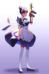 Rule 34 | 1girl, alternate costume, animification, apex legends, apron, black dress, black footwear, black hair, black ribbon, blue eyes, breasts, closed mouth, commentary request, dress, enmaided, finger on trigger, frilled apron, frills, full body, gradient background, gun, hair bun, highres, holding, holding gun, holding weapon, kunai, looking at viewer, machine gun, maid, maid apron, maid headdress, mary janes, mau., medium breasts, neck ribbon, parted bangs, puffy short sleeves, puffy sleeves, ribbon, shoes, short hair, short sleeves, single hair bun, solo, standing, submachine gun, thighhighs, waist apron, weapon, white apron, white thighhighs, wing collar, wraith (apex legends)