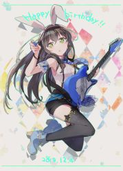 Rule 34 | 1girl, :o, animal ears, aqua outline, argyle, argyle background, argyle clothes, bang dream!, black hair, black thighhighs, blue footwear, blue necktie, bow, chain, collared shirt, dated, detached sleeves, earrings, electric guitar, fake animal ears, fender stratocaster, full body, green eyes, guitar, hanazono tae, hat, high heels, holding, holding plectrum, instrument, jewelry, lace-trimmed sleeves, lace trim, long hair, makino (727me727), necktie, plectrum, rabbit ears, shirt, solo, sparkle, star (symbol), star earrings, suspenders, thighhighs, white shirt, yellow bow